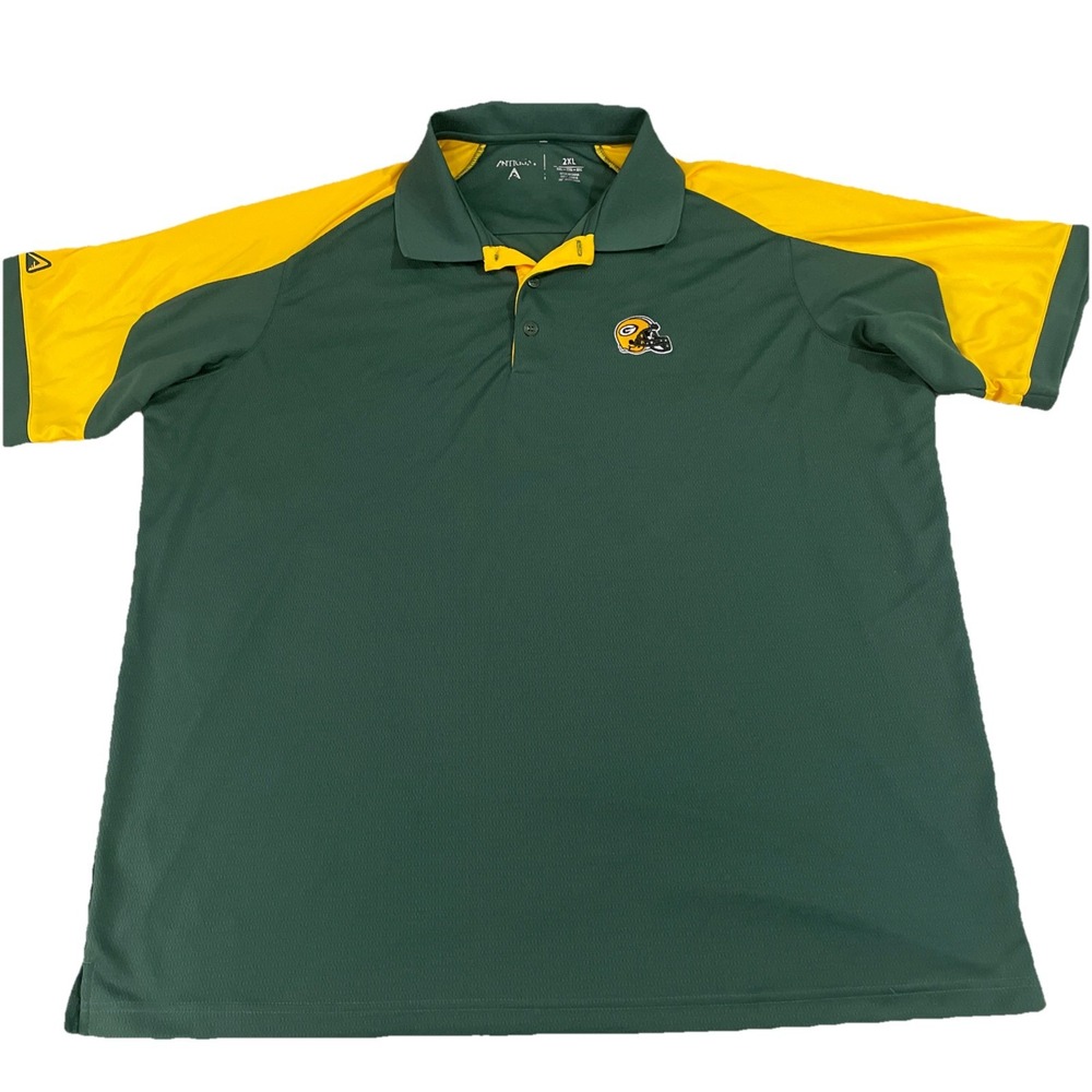 Antigua Packers Polo Shirt 2XL Green Yellow NFL Team Logo Performance Polyester - Picture 2 of 5